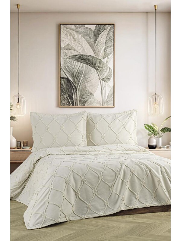 Çeyiz Diyarı Anna Çift Kişilik Şönil Desenli 240x260 cm Pike Takımı Krem