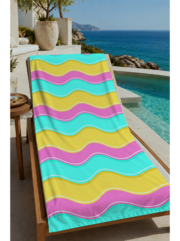 Milbay Grup Pastel Renkli Dalgalı Çizgili Desenli 70x150 cm Dijital Baskılı Plaj ve Banyo Havlusu