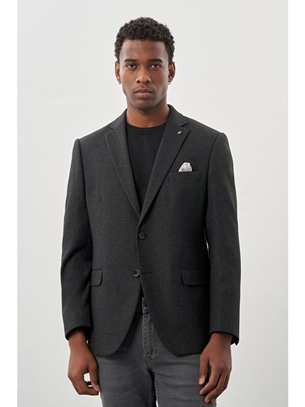 İMZA Siyah Düz Gabardin Mono Yaka 2 Düğme Esnek 6 Drop Comfort Fit Casual Ceket 1002245165_001