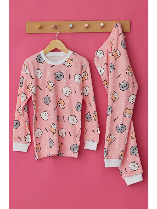 Katia And Bony Kız Çocuk Kedi Baskılı Pijama Takımı Pembe