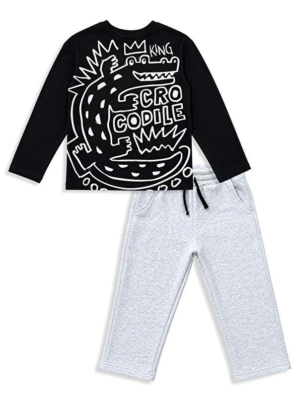 Denokids Erkek Çocuk Takım Timsah Baskılı T-shirt ve Kalın Eşofman Altı - Oversize (5-11 Yaş)