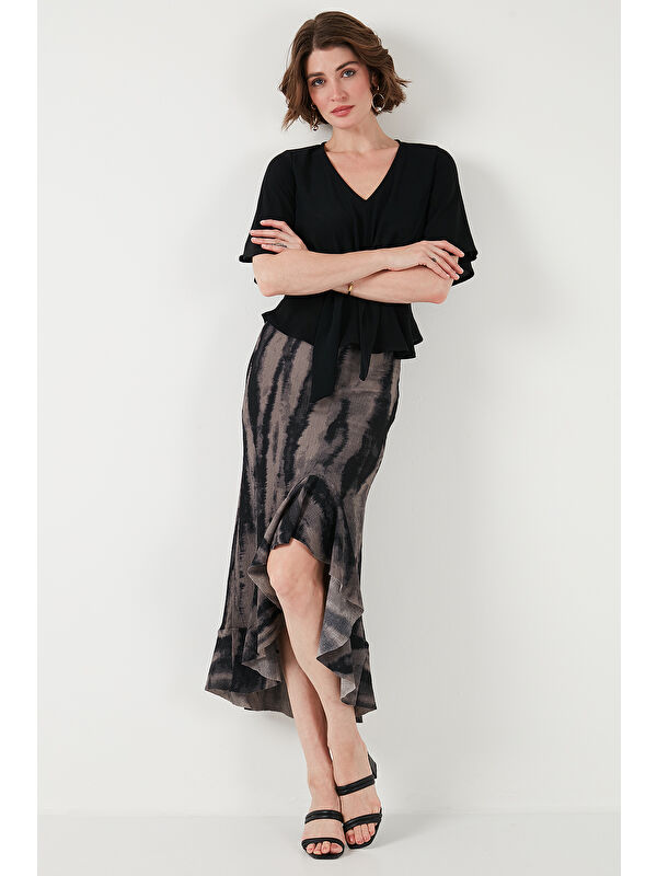 Lela Regular Fit Desenli Yüksek Bel Volanlı Midi Boy Yırtmaçlı Etek 5869013