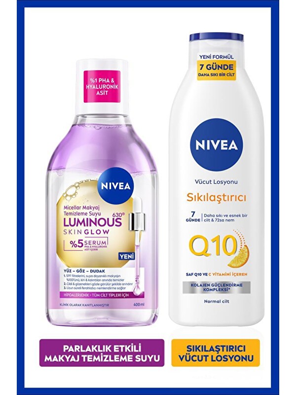NIVEA Luminous630 Skin Glow Micellar Makyaj Temizleme Suyu 400ml ve Q10 Sıkılaştırıcı Vücut Losyonu 250ml