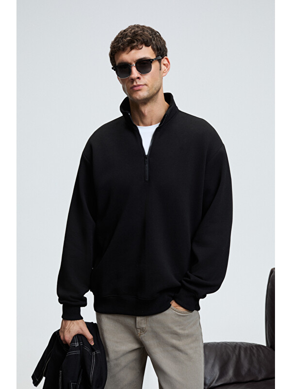 GRIMELANGE BAXTER Erkek Dik Yakalı Fermuarlı Relaxed SİYAH Sweatshirt