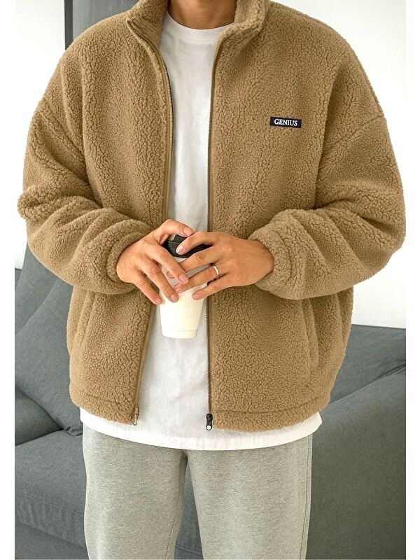 Genius Store Oversize Pelüş Tam Erkek Fermuarlı Sweatshirt Hırka Pelüş İçi Polarlı Sherpa Kumaş