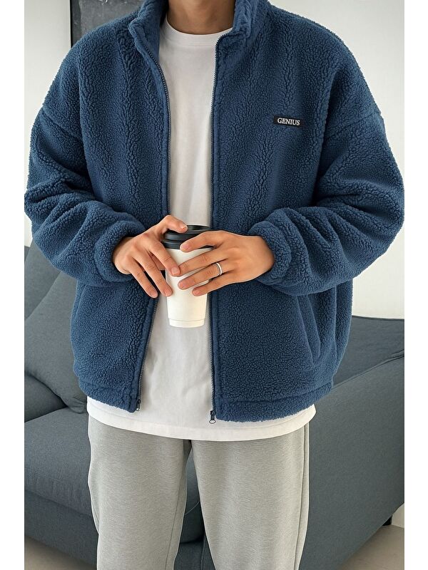 Genius Store Oversize Pelüş Tam Erkek Fermuarlı Sweatshirt Hırka Pelüş İçi Polarlı Sherpa Kumaş
