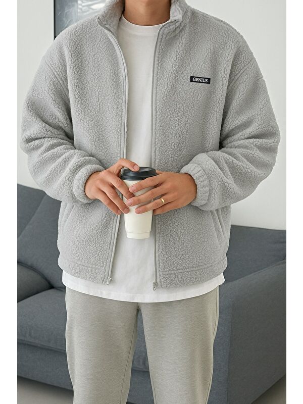 Genius Store Oversize Pelüş Tam Erkek Fermuarlı Sweatshirt Hırka Pelüş İçi Polarlı Sherpa Kumaş