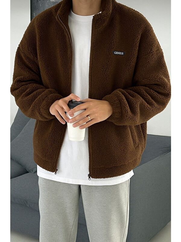 Genius Store Oversize Pelüş Tam Erkek Fermuarlı Sweatshirt Hırka Pelüş İçi Polarlı Sherpa Kumaş