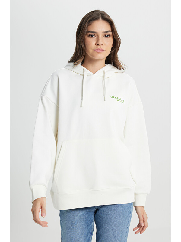 Lee Regular Fit Normal Kesim Kapüşonlu İçi Polarlı Sırt Baskılı Kırık Beyaz Sweatshirt