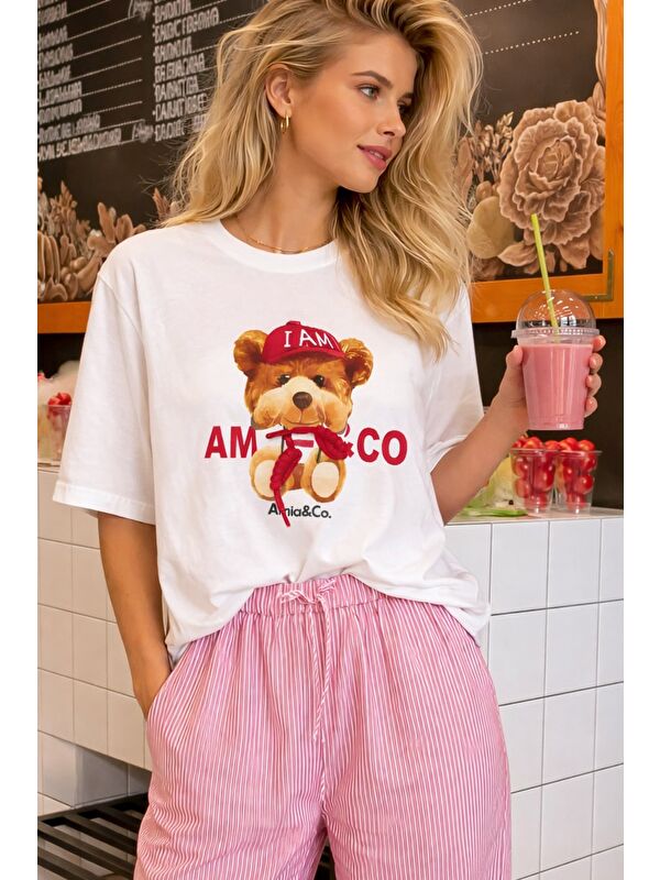 Monila Kadın Premium Kumaş Ayıcık Baskılı Kordon Detaylı T-Shirt