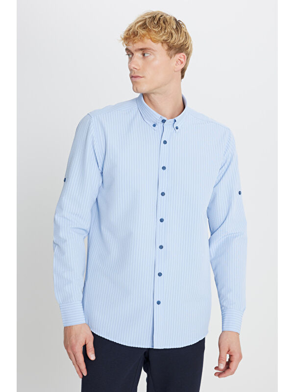 Altınyıldız Classics Erkek Lacivert Tailored Slim Fit Dar Kesim Düğmeli Yaka Gofre Desenli Gömlek