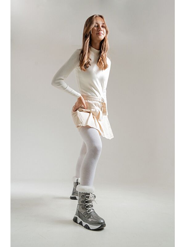 Kız Çocuk Platin Simli Rugan Deri Suya Dayanıklı Günlük Bot - Görsel 2