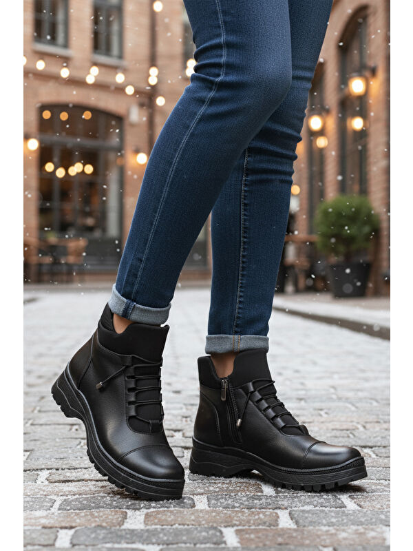 Siyah İçi Polarlı Soğuğa Dirençli Kaymaz Taban Kadın Bot 112 Z - Görsel 4