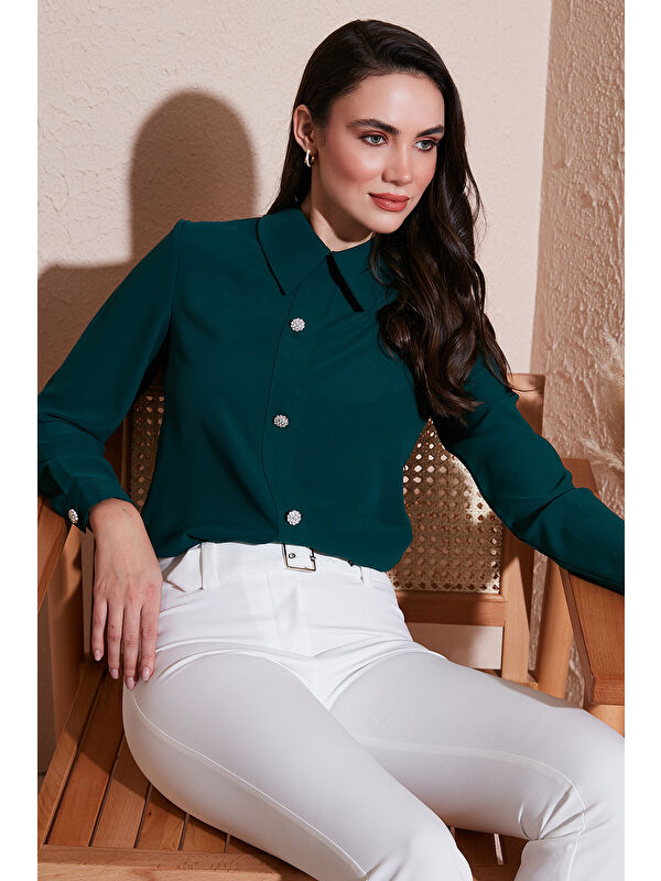 Lela Taşlı Regular Fit Gömlek Yaka Fermuarlı Bluz 611Bz0493