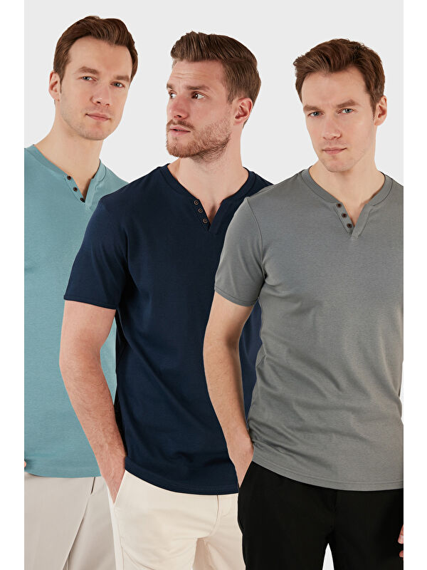 Buratti Pamuklu Düğme Detaylı Slim Fit V Yaka 3'lü Paket %100 Pamuk Tişört 5902122S3