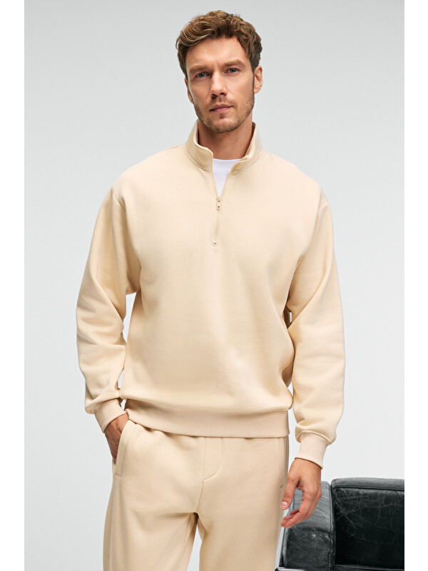 GRIMELANGE BAXTER Erkek Dik Yakalı Fermuarlı Relaxed VANİLYA Sweatshirt