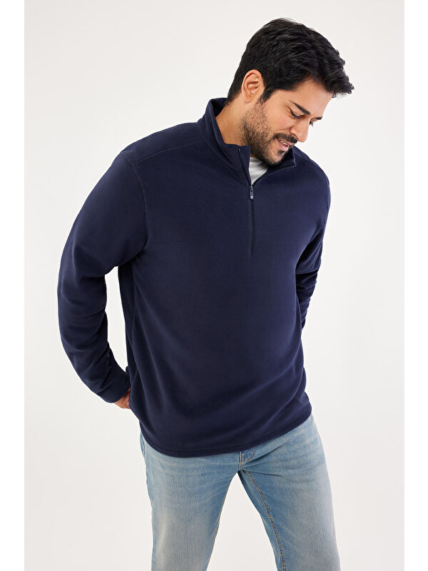 AC&Co / Altınyıldız Classics Erkek Lacivert Anti-Pilling Tüylenme Yapmayan Standart Fit Dik Yaka Polar Sweatshirt