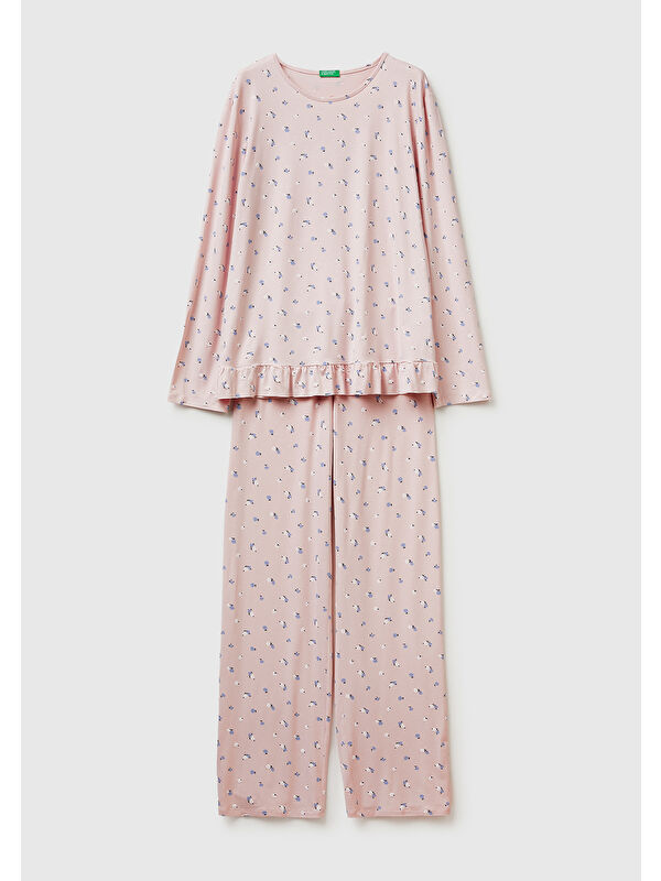 United Colors Of Benetton Kadın Pembe Viskoz Karışımlı Desenli Comfort Fit Pijama Takımı