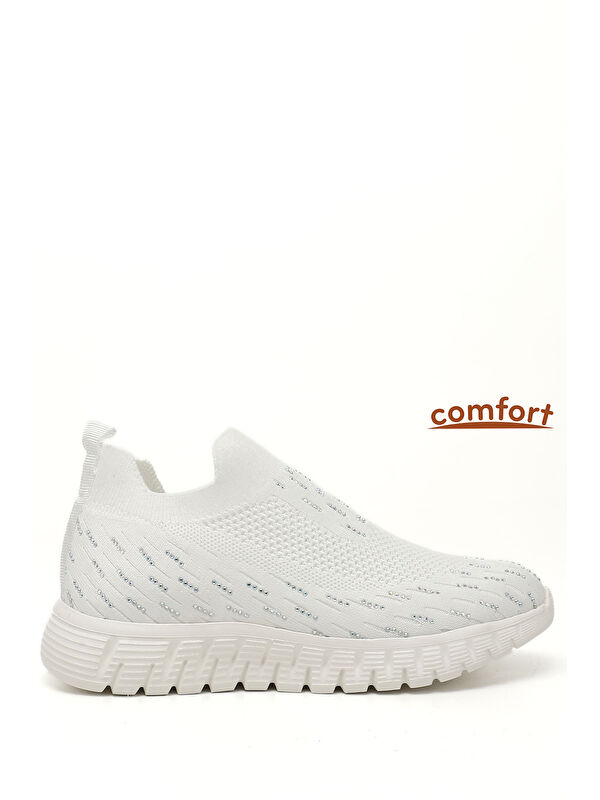 GÖNDERİ(R) Kadın BEYAZ-AÇIK GRİ Triko Taşlı Memory Foam Tabanlıklı Comfort Sneaker