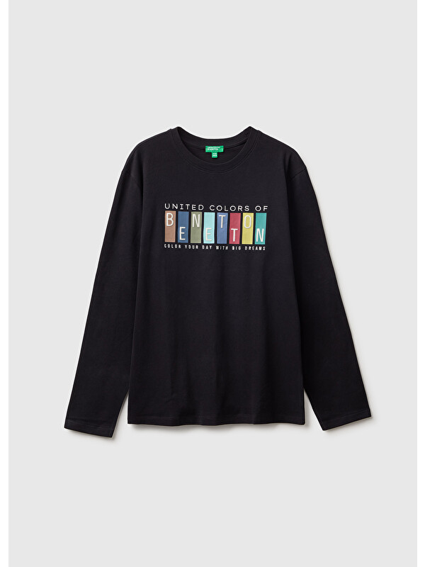 United Colors Of Benetton Erkek Çocuk Siyah Önü İşlemeli Uzun Kollu Tişört