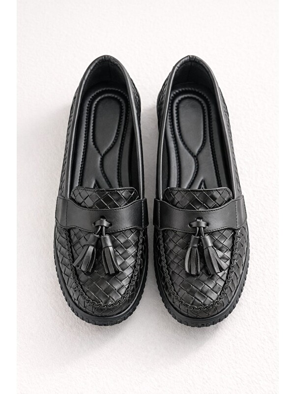 Slipcat Kadın Örgü Desenli Püsküllü Rahat Comfort Loafer