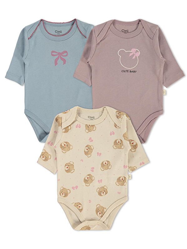 Civil Baby Ayıcık Empirmeli 3 Lü 0-36 Ay Çıtçıtlı Badi - Bej 9-12 Ay