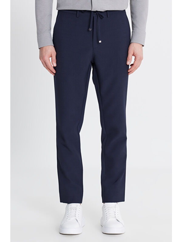 Altınyıldız Classics Erkek Lacivert Slim Fit Beli Bağlamalı Gofre Desenli Yan Cepli Casual Pantolon
