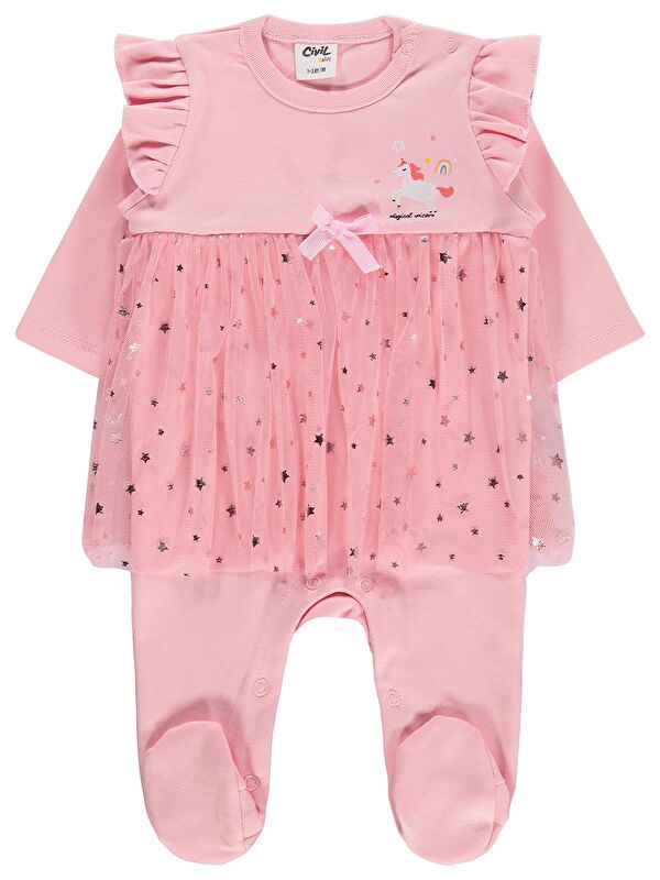 Civil Baby Yıldız Empirme Baskılı 1-9 Ay Patikli Tulum - Pembe