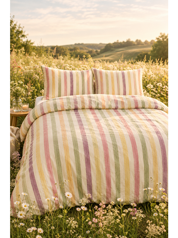Milbay Grup Çok Renkli Çizgili Nevresim Seti 200x220 Modern Soft Renkli Çift Kişilik Yorgan Kılıfı