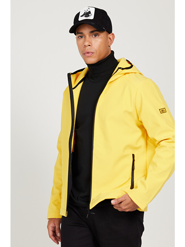 AC&Co / Altınyıldız Classics Erkek Sarı Standart Fit Normal Kesim Dik Yaka Softshell Kapüşonlu Mont