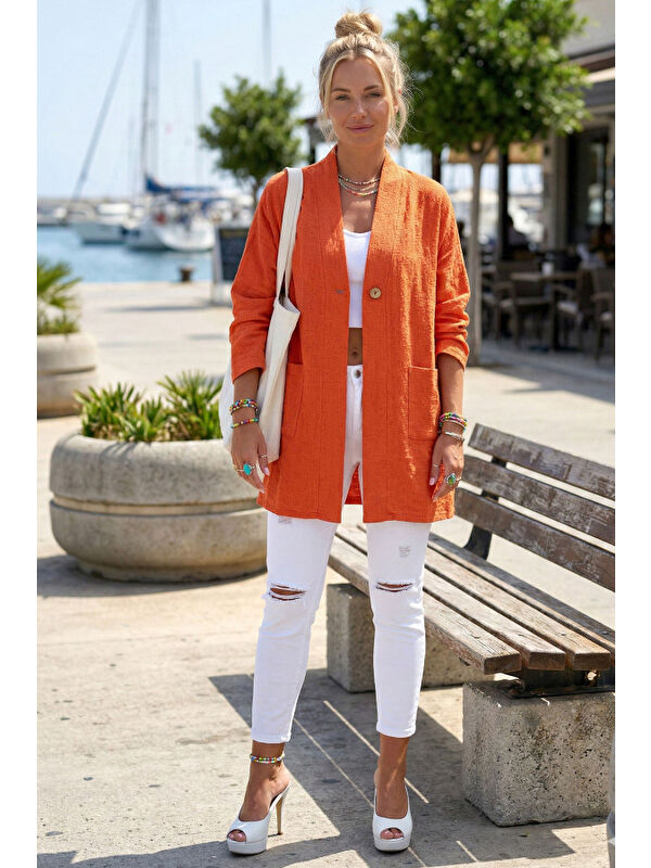 Chiccy Turuncu Kimono Yaka 3/4 Kol Düğmeli Çift Cepli Casual Flamlı Pamuklu Kumaş Dokuma Ceket 85 60