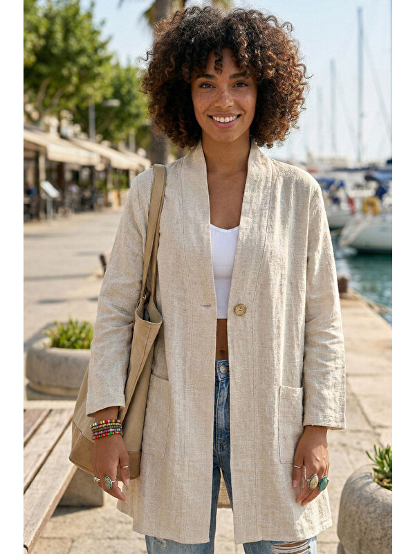 Chiccy Bej Kimono Yaka 3/4 Kol Düğmeli Çift Cepli Casual Flamlı Pamuklu Kumaş Dokuma Ceket 85 60