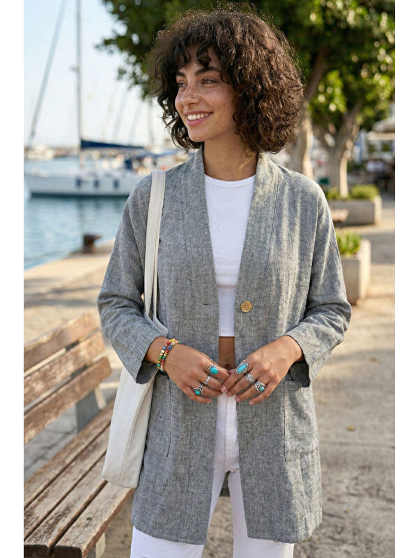 Chiccy Gri Kimono Yaka 3/4 Kol Düğmeli Çift Cepli Casual Flamlı Pamuklu Kumaş Dokuma Ceket 85 60