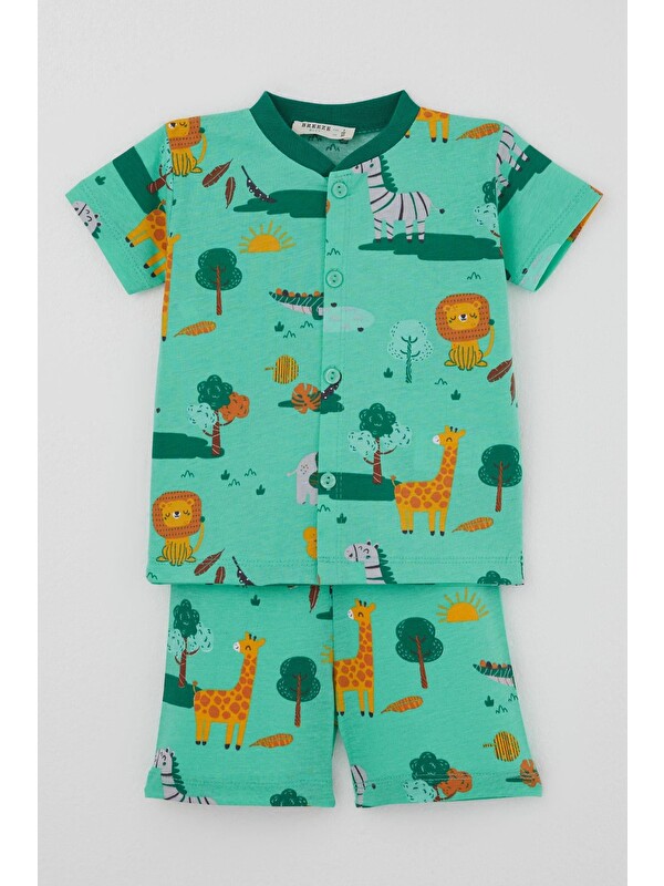 Breeze Erkek Bebek Şortlu Pijama Takımı Safari Temalı Sevimli Hayvancıklar Desenli Yeşil (4 Ay - 1 Yaş)