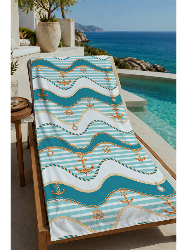 Milbay Grup Petrol Mavisi Bej Dalgalı Çizgi Desenli 70x150 cm Dijital Baskılı Plaj ve Banyo Havlusu