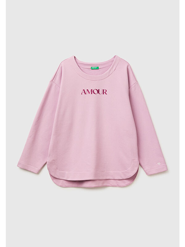 United Colors Of Benetton Kadın Açık Pembe Pamuk Karışımlı Simli Baskılı Yuvarlak Yaka Sweatshirt