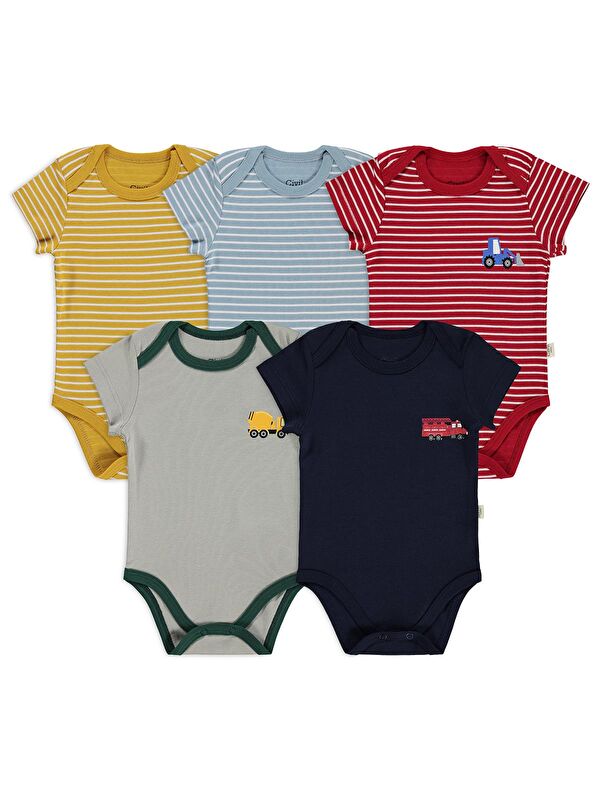 Civil Baby Araç Baskılı Çizgi Empirmeli 5 Li 0-36 Ay Çıtçıtlı Badi - Kırmızı 2-3 Yaş