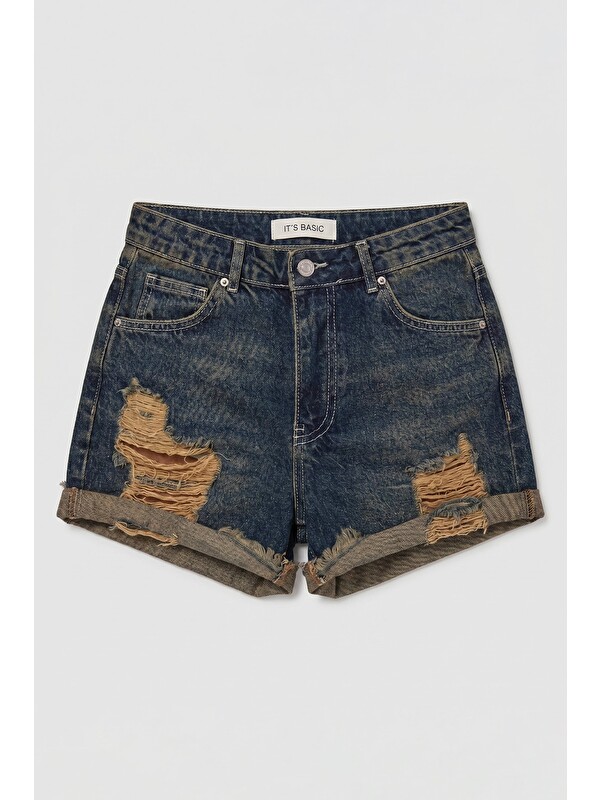 It's Basic Kadın Koyu Jean 10s6 Mini Yırtık Detaylı Denim Şort