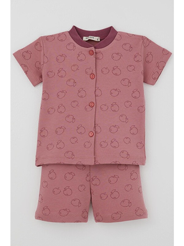 Breeze Kız Bebek Pijama Takımı Elma Desenli Önden Düğmeli Gülkurusu (4 Ay - 1 Yaş)