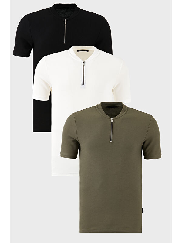 Buratti Pamuklu Regular Fit Yarım Fermuarlı Kolej Yaka 3'lü Paket Tişört 5902653S3