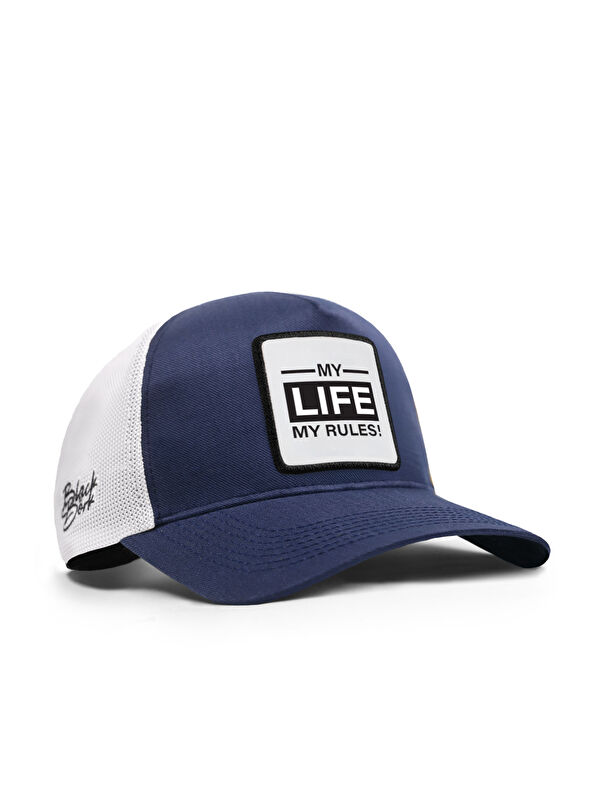 BlackBörk My Life My Rules Logolu Cordura Lacivert-Beyaz Trucker Şapka