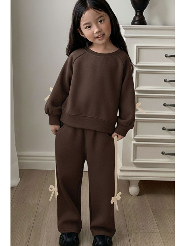 My Kids Wear Kız Çocuk Çift Şerit Kurdele Üç İplik Eşofman Takımı 3-10 Yaş 12335