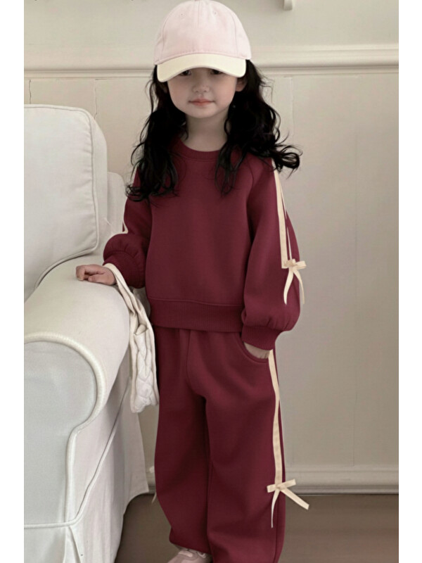 My Kids Wear Kız Çocuk Çift Şerit Kurdele Üç İplik Eşofman Takımı 3-10 Yaş 12334