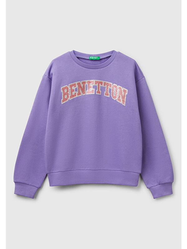 United Colors Of Benetton Kız Çocuk Mor Simli Benetton Logo Baskılı Bisiklet Yaka Sweatshirt