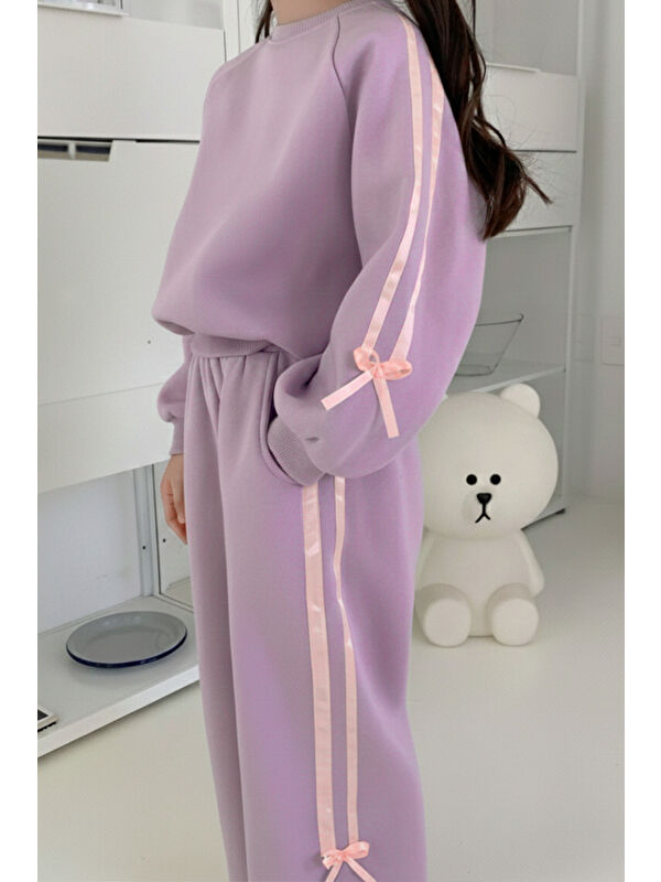 My Kids Wear Kız Çocuk Çift Şerit Kurdele Üç İplik Eşofman Takımı 3-10 Yaş 12339