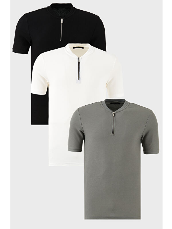 Buratti Pamuklu Regular Fit Yarım Fermuarlı Kolej Yaka 3'lü Paket Tişört 5902653S3