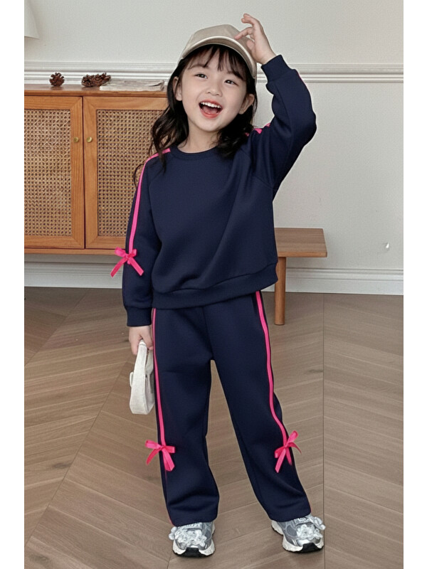 My Kids Wear Kız Çocuk Çift Şerit Kurdele Üç İplik Eşofman Takımı 3-10 Yaş 12336
