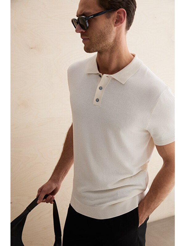 GRIMELANGE VESTO Erkek Triko EKRU Polo Yaka T-shirt
