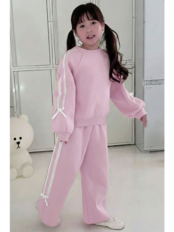 My Kids Wear Kız Çocuk Çift Şerit Kurdele Üç İplik Eşofman Takımı 3-10 Yaş 12338