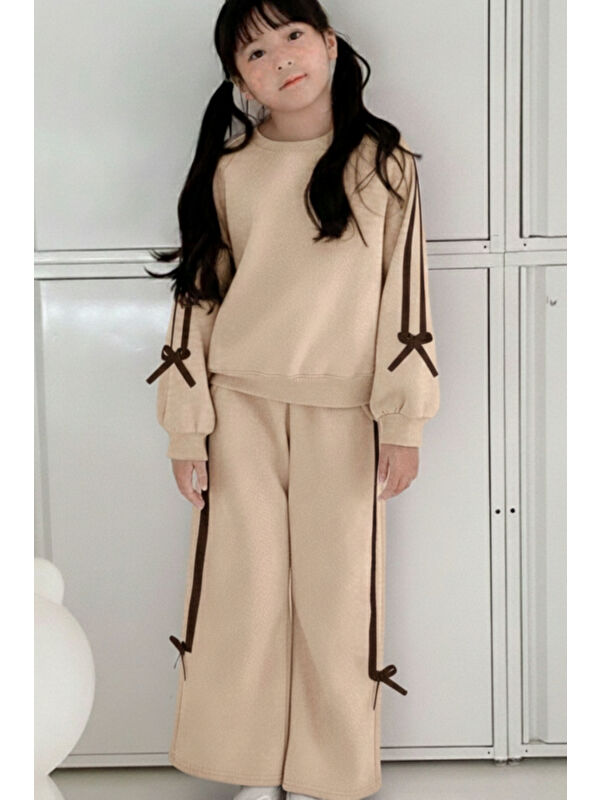 My Kids Wear Kız Çocuk Çift Şerit Kurdele Üç İplik Eşofman Takımı 3-10 Yaş 12337